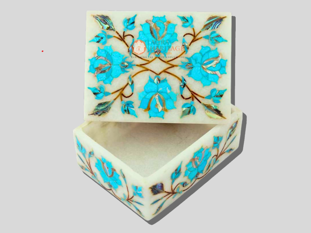 Marble Custom Jewelry Box Turquoise Floral Art